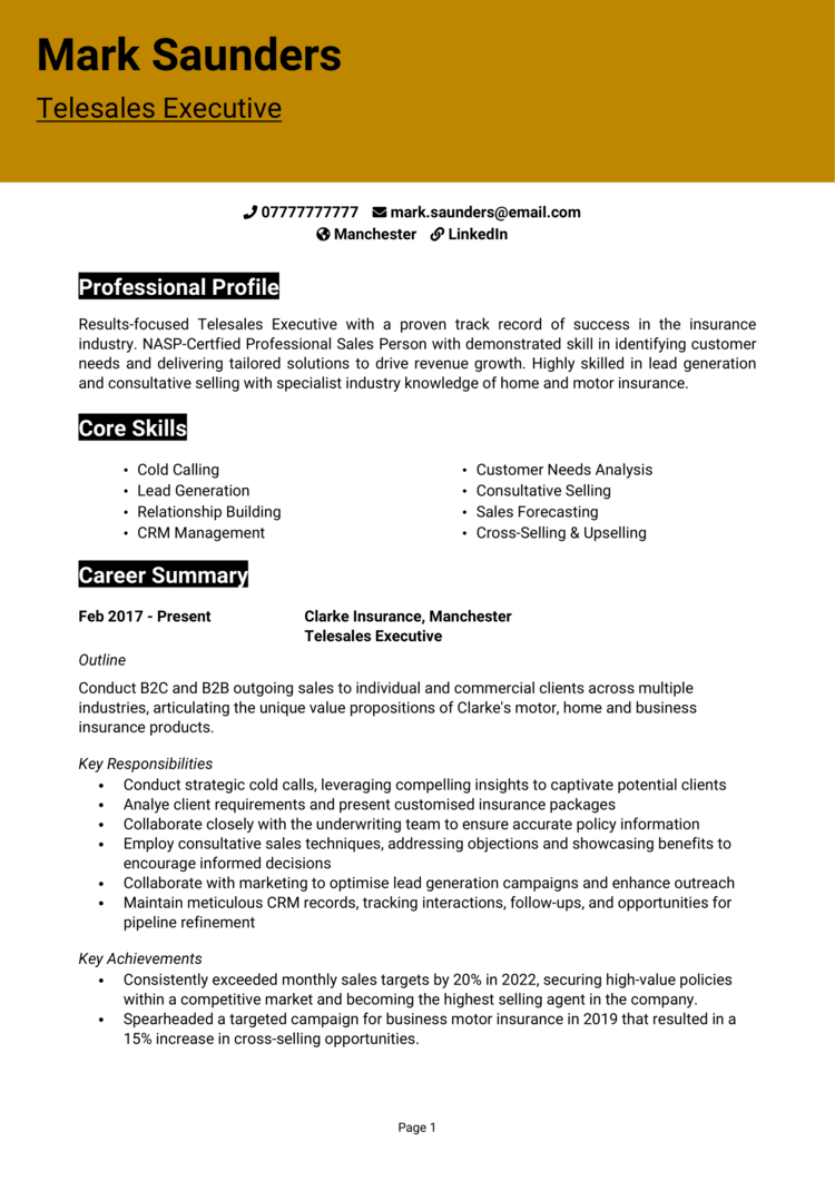 Modern sales CV template