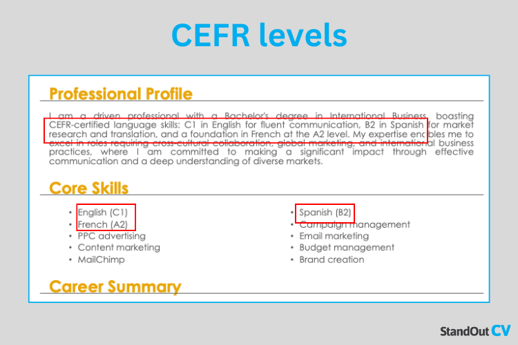 Language skills on a CV - CEFR levels