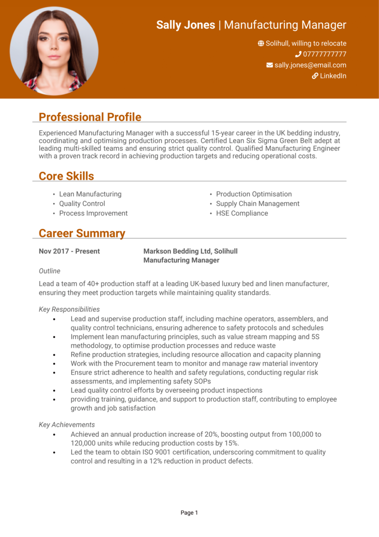 Manufacturing Manager CV