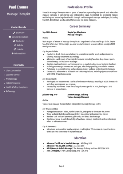 Massage Therapist CV example