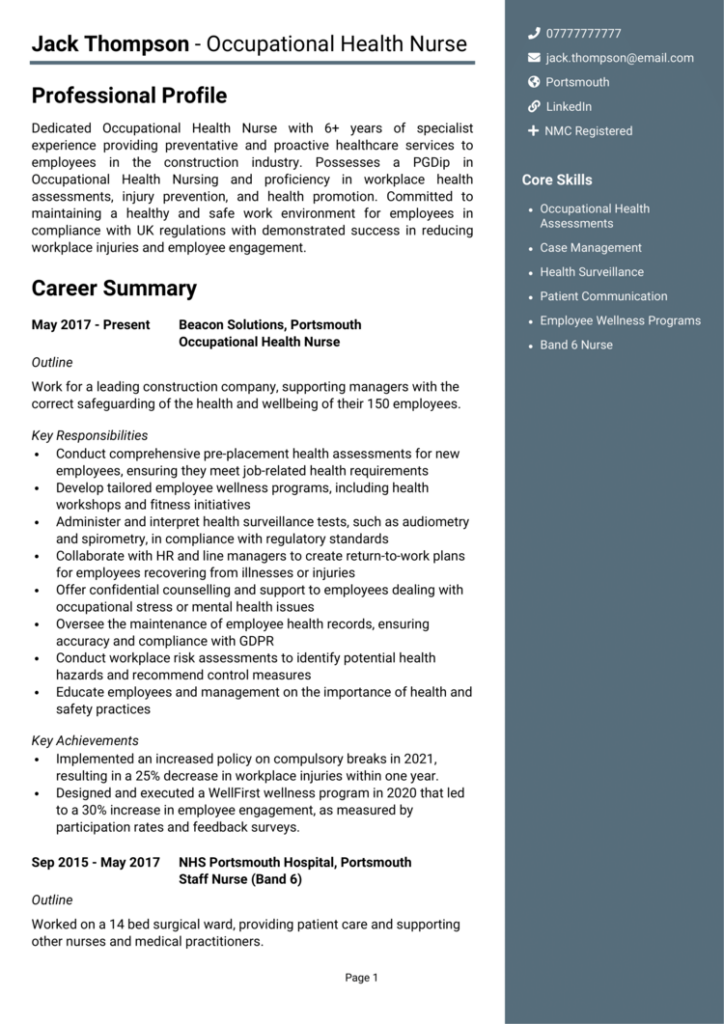 Occupational Health Nurse CV