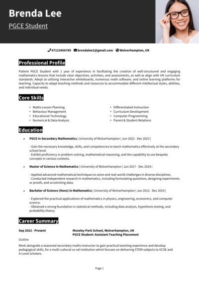 PGCE Student CV example
