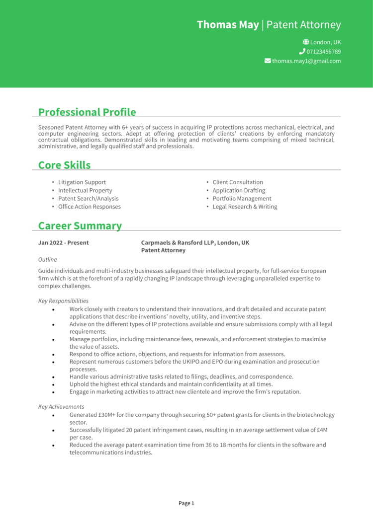 Patent Attorney CV 1