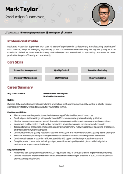 Production Supervisor CV example