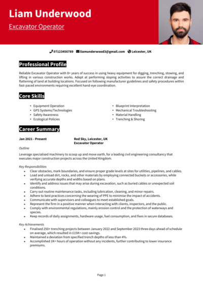 Excavator Operator CV example
