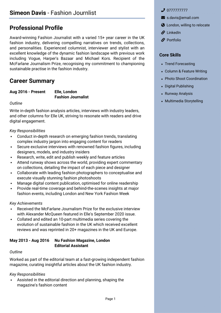Fashion Journalist CV