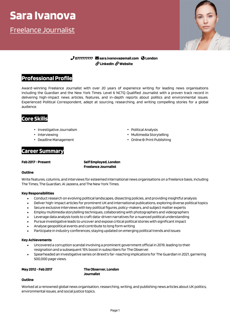 Freelance Journalist CV