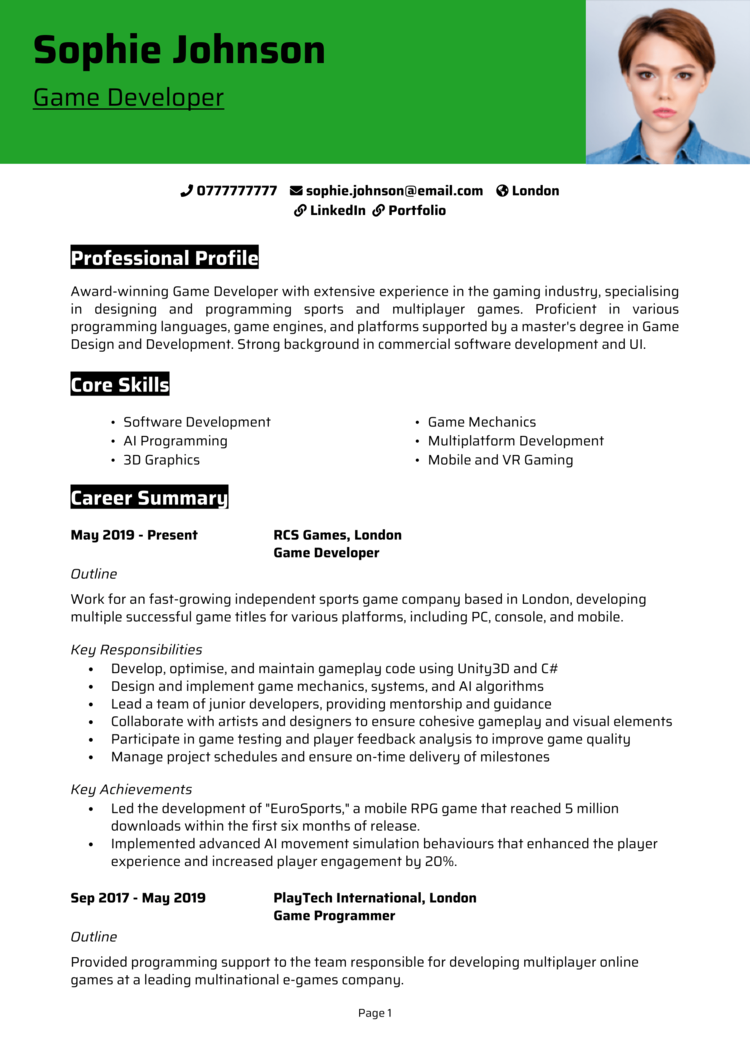 Game Developer CV 1