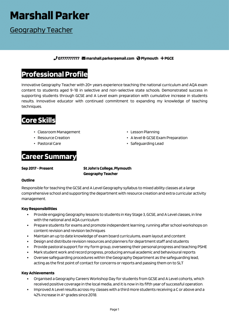 Geography Teacher CV 1