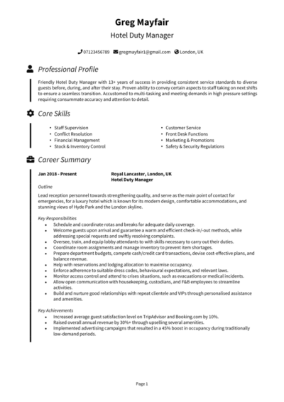 Duty Manager CV example