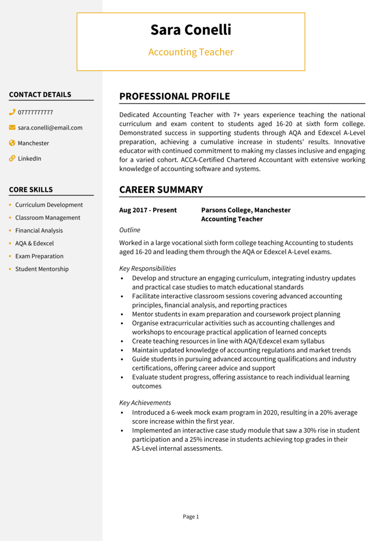 Accounting Teacher CV 1