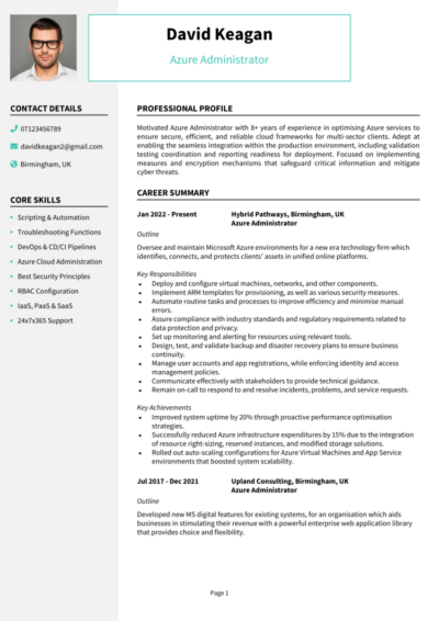 Azure Administrator CV example