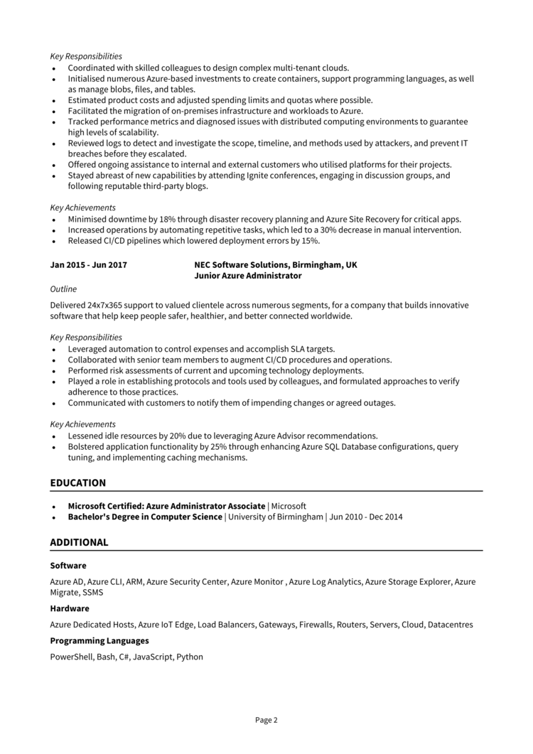 Azure Administrator CV 2