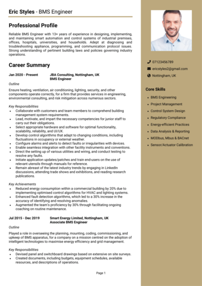 BMS Engineer CV example (Building Management System)