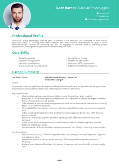 Cardiac Physiologist CV example