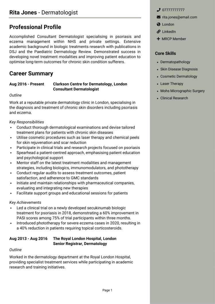 Dermatologist CV