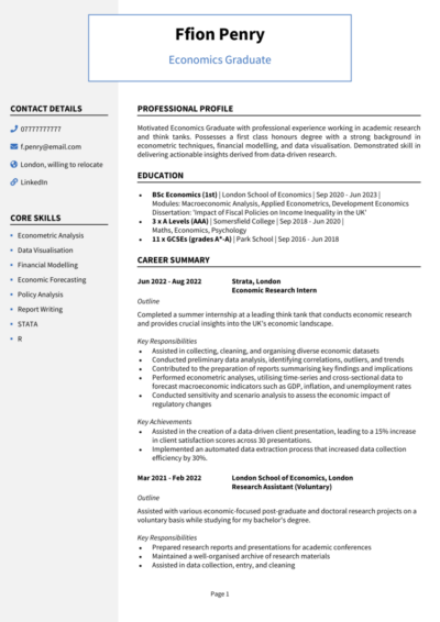Economics Graduate CV example