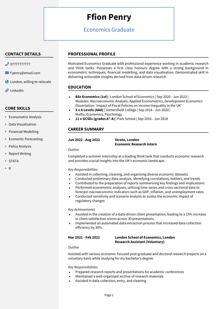 Economics Graduate CV 1