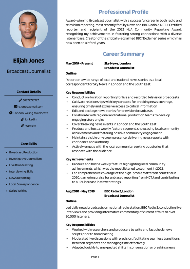 Broadcast Journalist CV-1 Broadcast Journalist CV