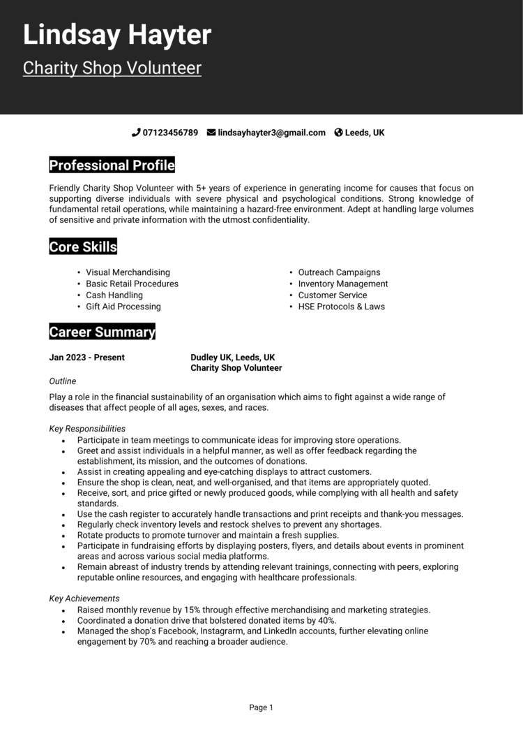 Charity Shop Volunteer CV-1 Charity Shop Volunteer CV