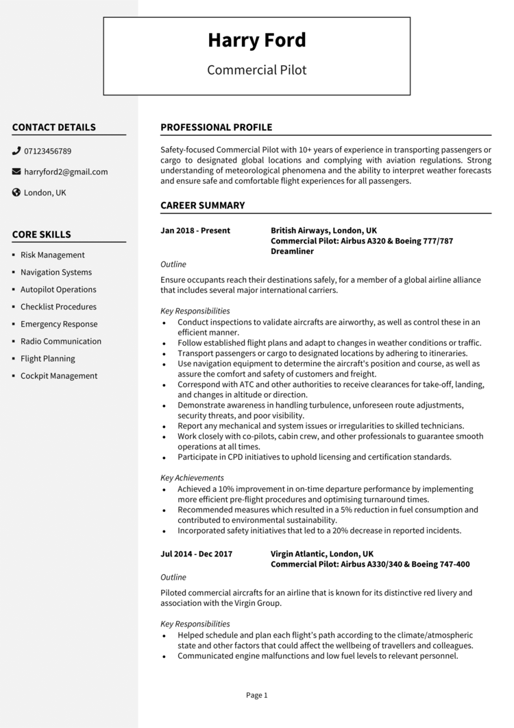 Commercial Pilot CV