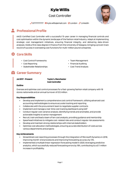 Cost Controller CV example