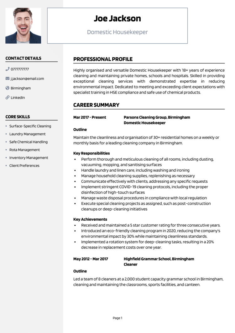 Domestic Housekeeper CV