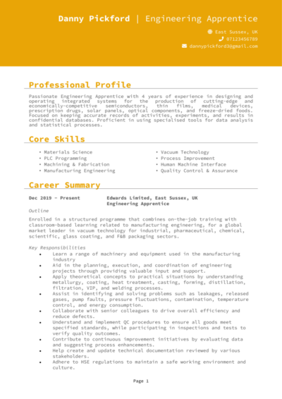 Engineering Apprenticeship CV example