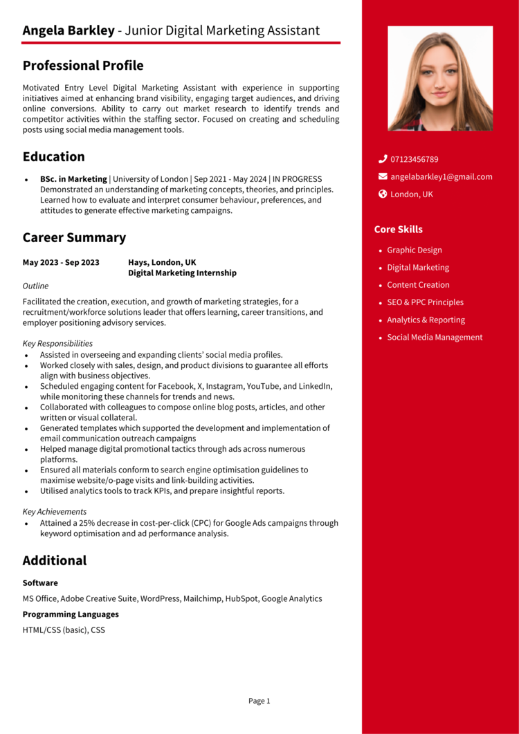Entry Level Digital Marketing CV
