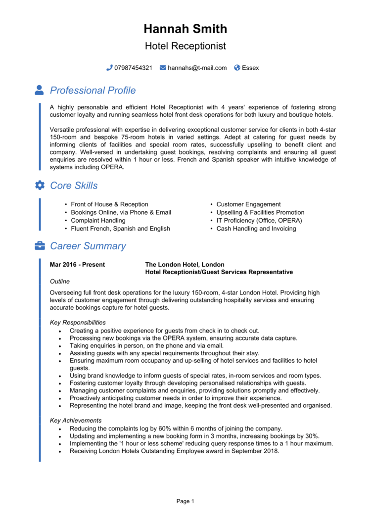 Hotel Receptionist CV-1