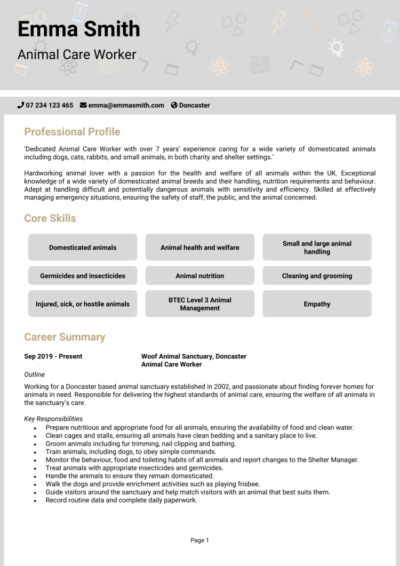 Animal Care Worker CV example
