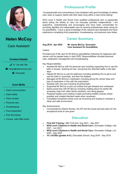 Care Assistant With No Experience CV example