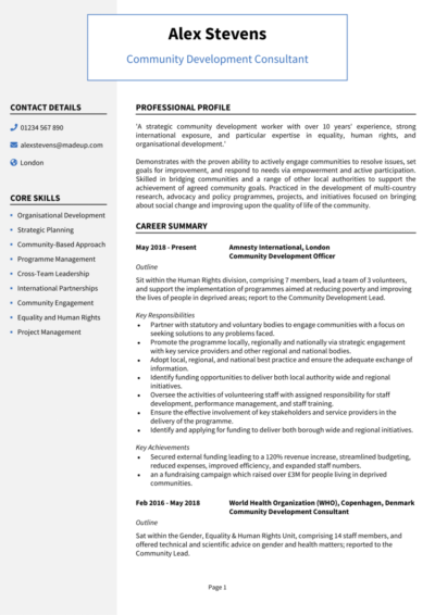 Community Development Worker CV example