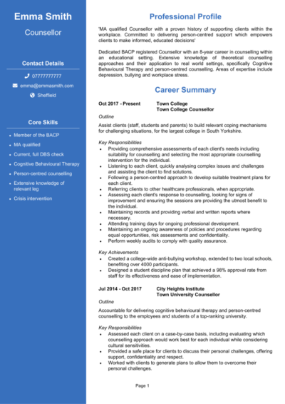 Counsellor CV examples