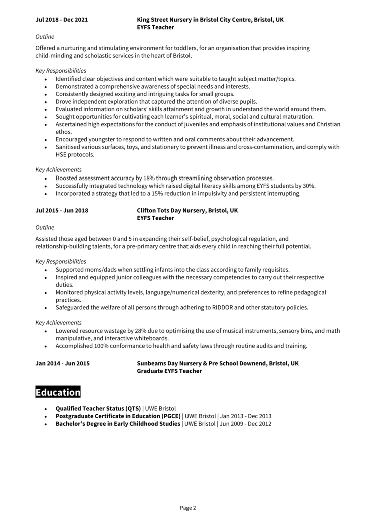 EYFS Teacher CV 2
