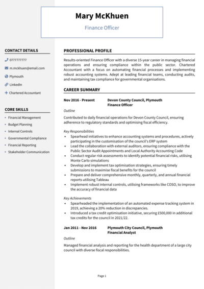 Finance Officer CV example
