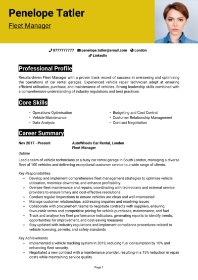 Fleet Manager CV example