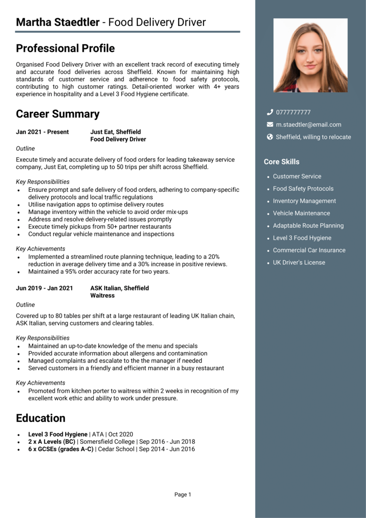 Food Delivery Driver CV 1