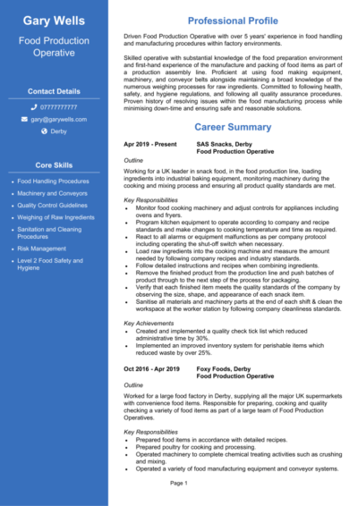 Food Production Operative CV example