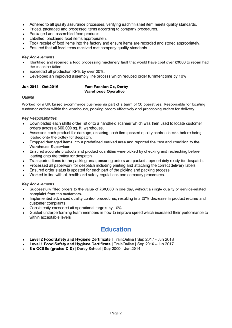 Food Production Operative CV-2