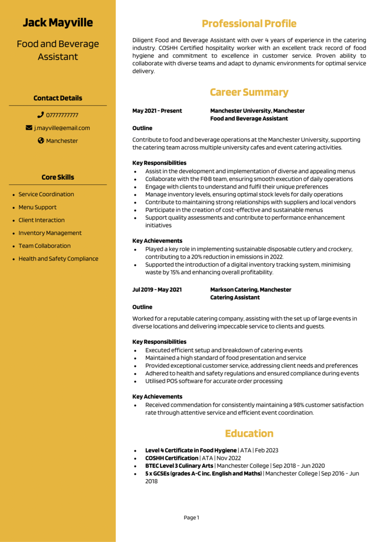 Food and Beverage Assistant CV 1