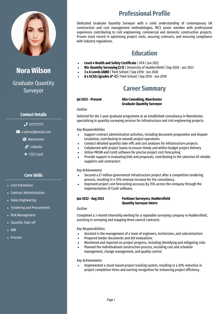 Graduate Quantity Surveyor CV 1