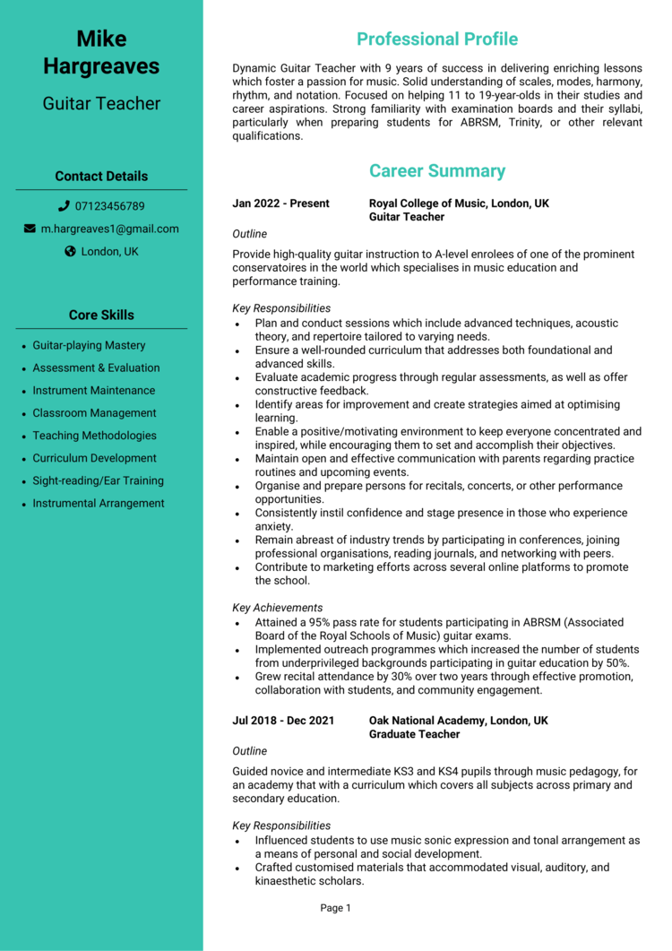 Guitar Teacher CV