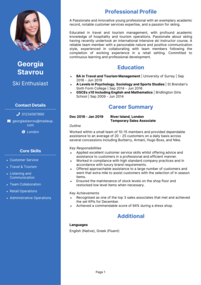 CV for ski season example