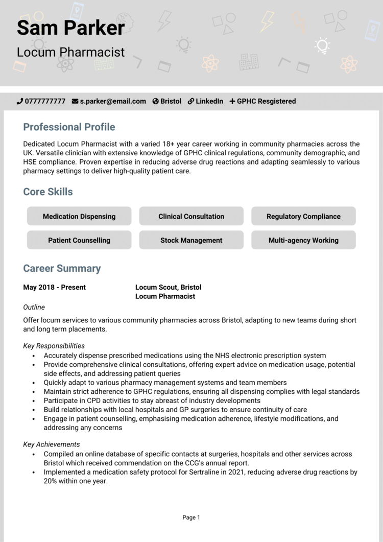 Locum Pharmacist CV 1