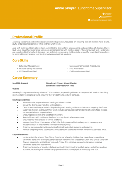 Lunchtime Supervisor CV example