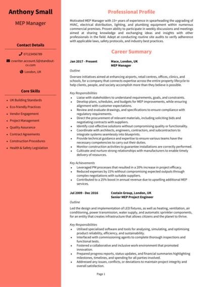 MEP Manager CV example