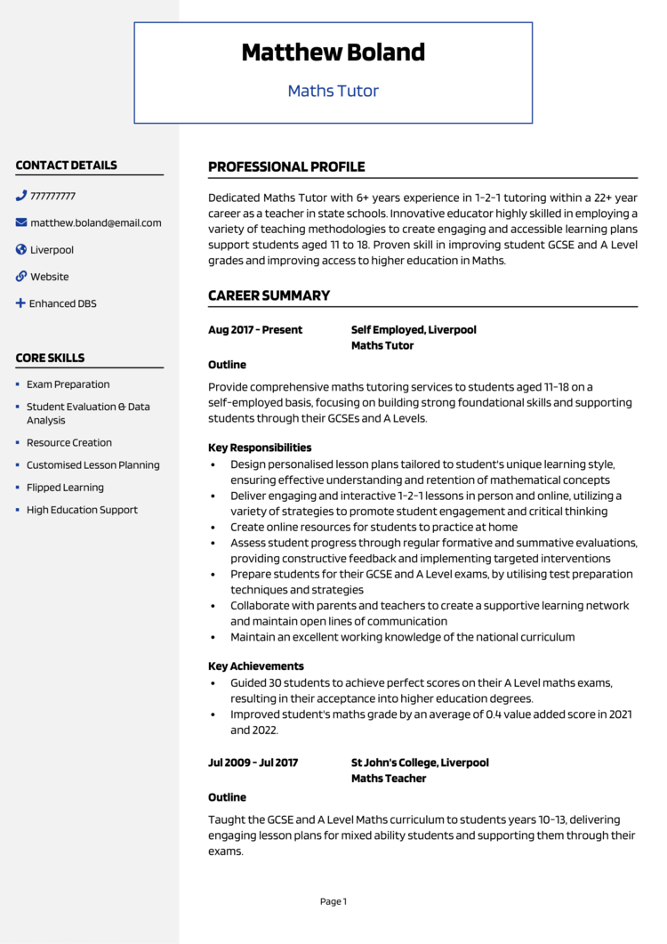 Maths Tutor CV