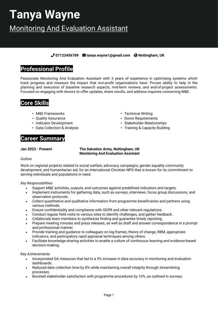 Monitoring and Evaluation Assistant CV 1