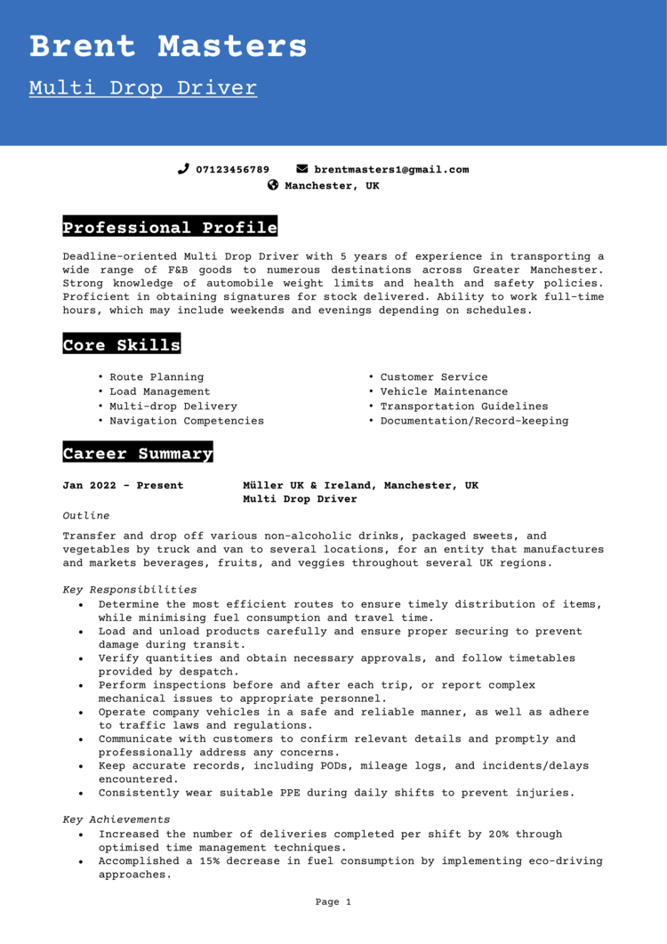 Multi Drop Driver CV